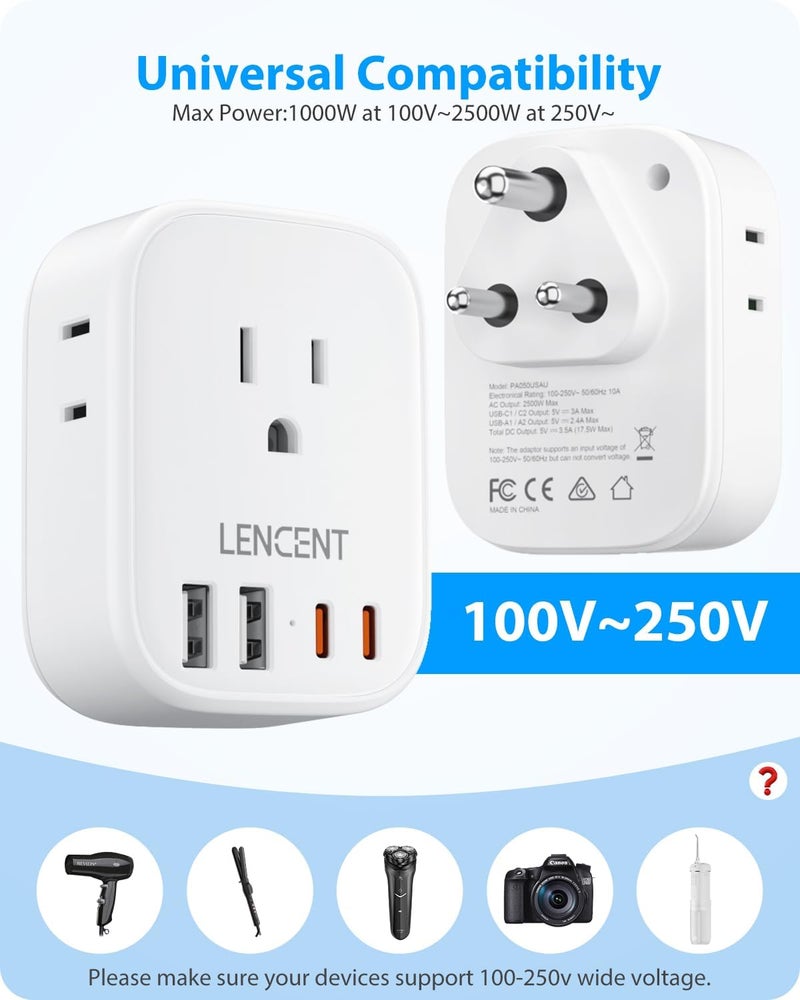 Lencent محول قابس الطاقة من الولايات المتحدة إلى الهند، محول السفر الهندي مع 4 مآخذ، شاحن USB 4 (2 USB C)، محول قابس نوع D من الولايات المتحدة إلى الهند نيبال بنغلاديش جزر المالديف باكستان، آمن ومؤرض - Image 5